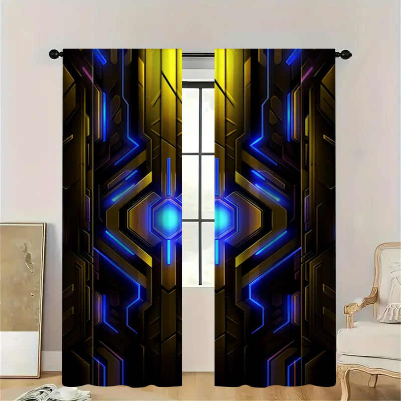 Office Tech Decor - 2pcs Geometric Tech Curtains with Rod